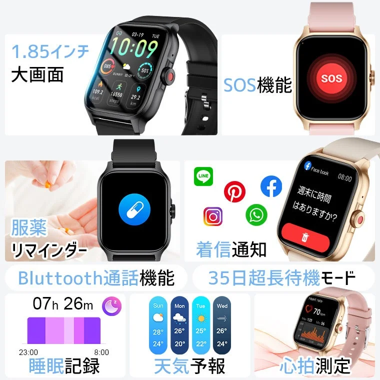 1.85インチ 大画面 SOS機能