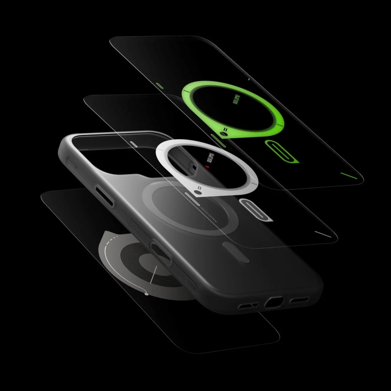 透明なスマートフォンケースが、MagSafe対応の磁気リングや保護フィルムなどの構成要素として層状に分解