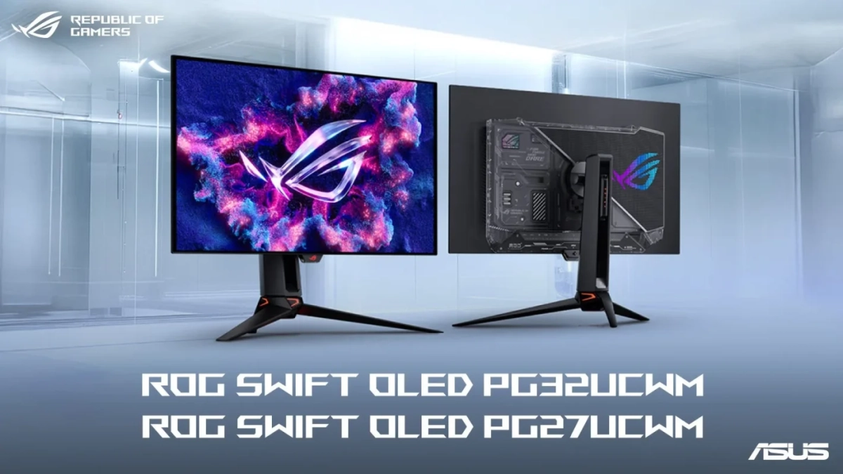 ROGブランドのOLEDゲーミングモニター「ROG SWIFT OLED PG32UCWM」と「ROG SWIFT OLED PG27UCWM」の製品画像です。
