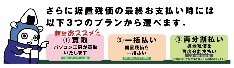 さらに据置残価の最終お支払い時には以下3つのプランから選べます。断然おススメ! ①買取 パソコン工房が買取いたします 手数料パソコン工房負担 ②一括払い 据置残価を一括払い 手数料パソコン工房負担 ③再分割払い 据置残価を再度分割支払い 手数料お客様ご負担 ※再分割払いの際の手数料はお客様ご負担となります。