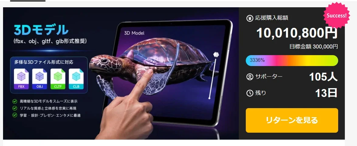 タブレット上でリアルなウミガメの3Dモデルが表示され、多様な3Dファイル形式に対応したサービスを宣伝。学習、設計、プレゼン、エンタメ用途に最適で、クラウドファンディングで目標金額を大きく上回る支援を集めている様子
