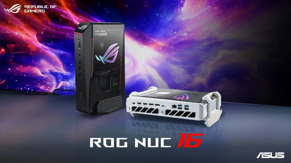 ROG NUC 16ゲーミングPCの2モデル（縦型と横型）が、鮮やかな宇宙を背景に展示されている画像です。