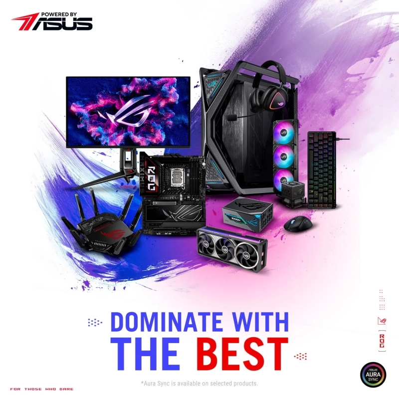 ASUS ROGブランドのゲーミングPC関連製品が多数展示されたプロモーション画像です。