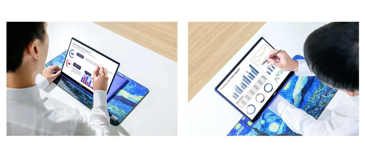2人の人物がスタイラスペンを使ってノートPCまたはタブレットを操作しており、画面にはソーシャルメディアや製品売上のデータ分析レポートが表示されています。デバイスの下にはゴッホの「星月夜」を思わせるデザインが施されています。