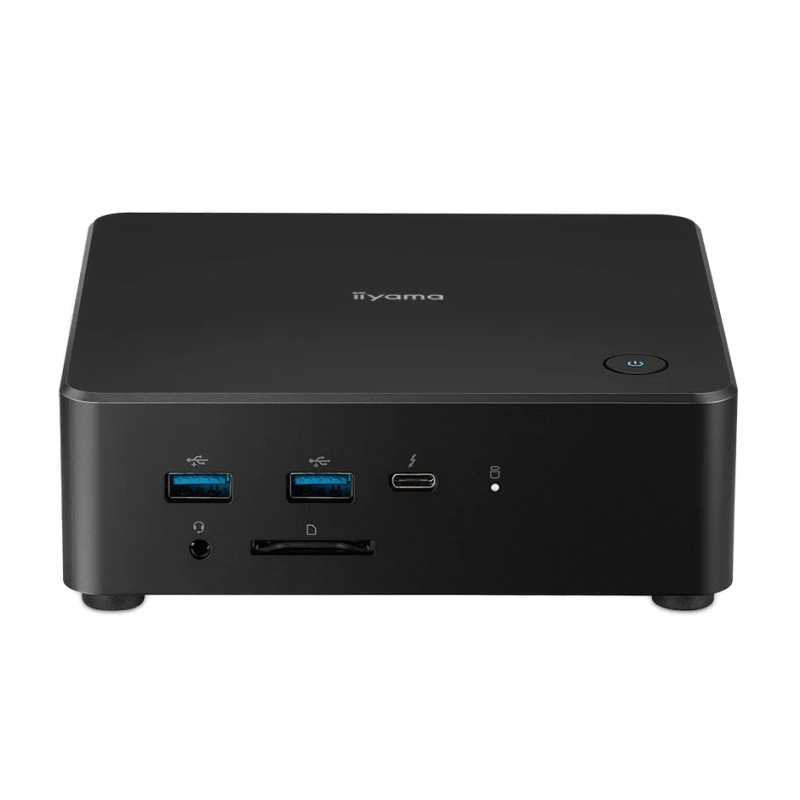 iiyamaブランドの黒い小型デスクトップPCの正面図
