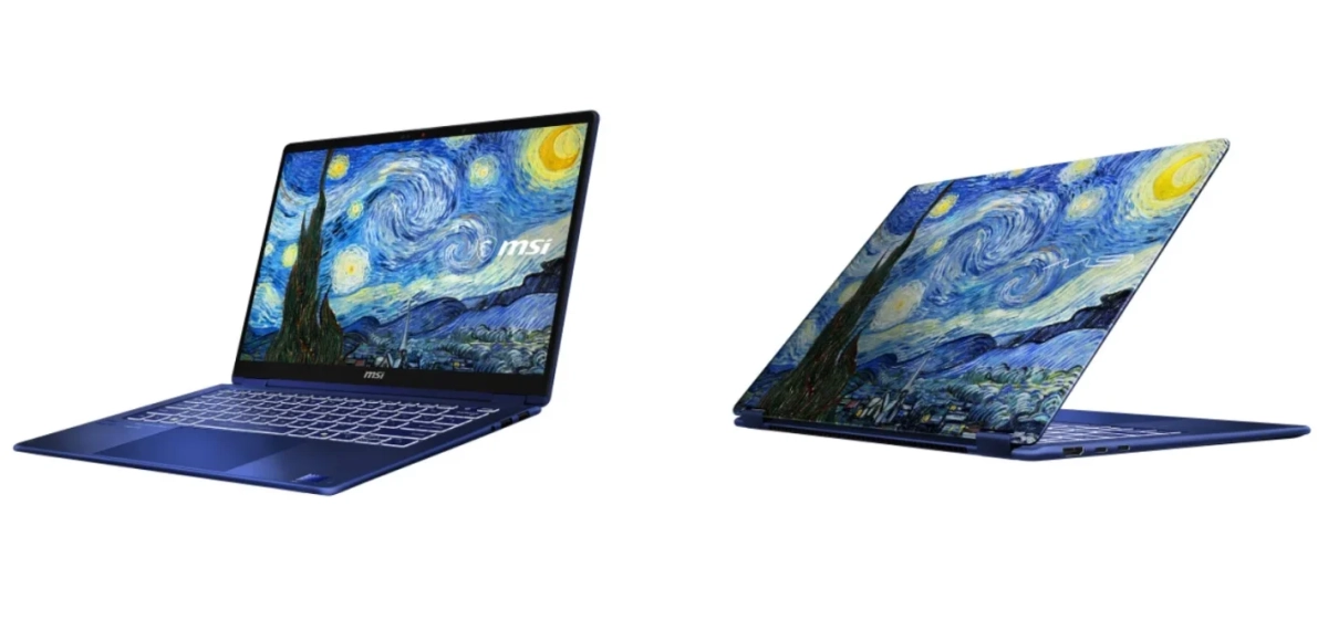 ゴッホの「星月夜」がデザインされた青いMSI製ラップトップが、異なる角度から2つ並べられています。ディスプレイと背面カバーに特徴的な絵画が描かれており、芸術性と機能性が融合した製品であることがうかがえます。