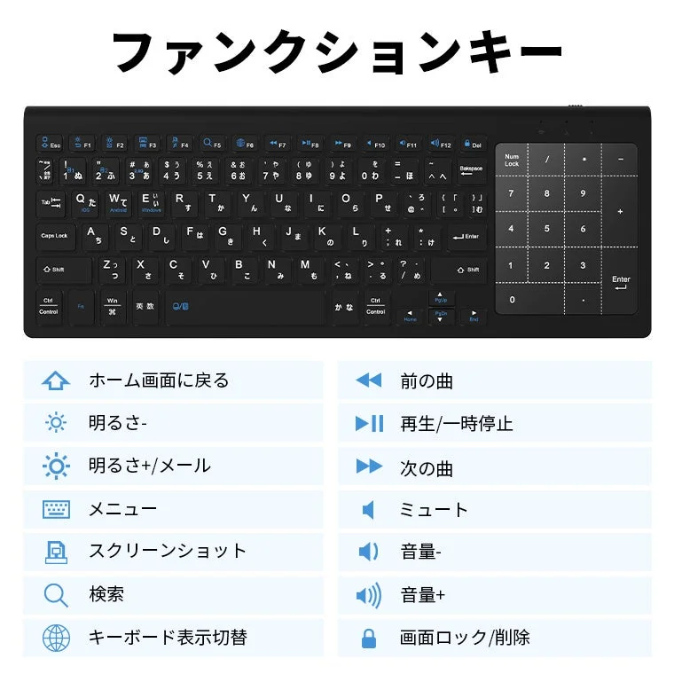 タッチパッド一体型の日本語キーキーボードが写っており、ファンクションキーに割り当てられた様々な機能がアイコンと説明文で示されています。ホーム画面、明るさ調整、メディア再生、音量、スクリーンショット、画面ロックなどの機能が確認できます。Android、Windows、iOSに対応しています。