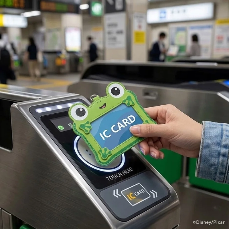 カエル型ICカードで改札をタッチする様子