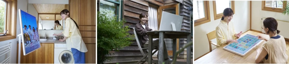 ポータブルディスプレイを様々な場所で活用する女性のライフスタイル。洗面所で動画視聴、屋外での使用、友人とゲームを楽しむ様子が描かれている。