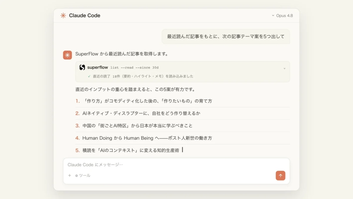 AIアシスタント「Claude Code」が、SuperFlowから読み込んだ最近の記事18件に基づき、5つの記事テーマ案を提示している画面。テーマは、AI時代における生産性、働き方、ビジネス変革などに関する。