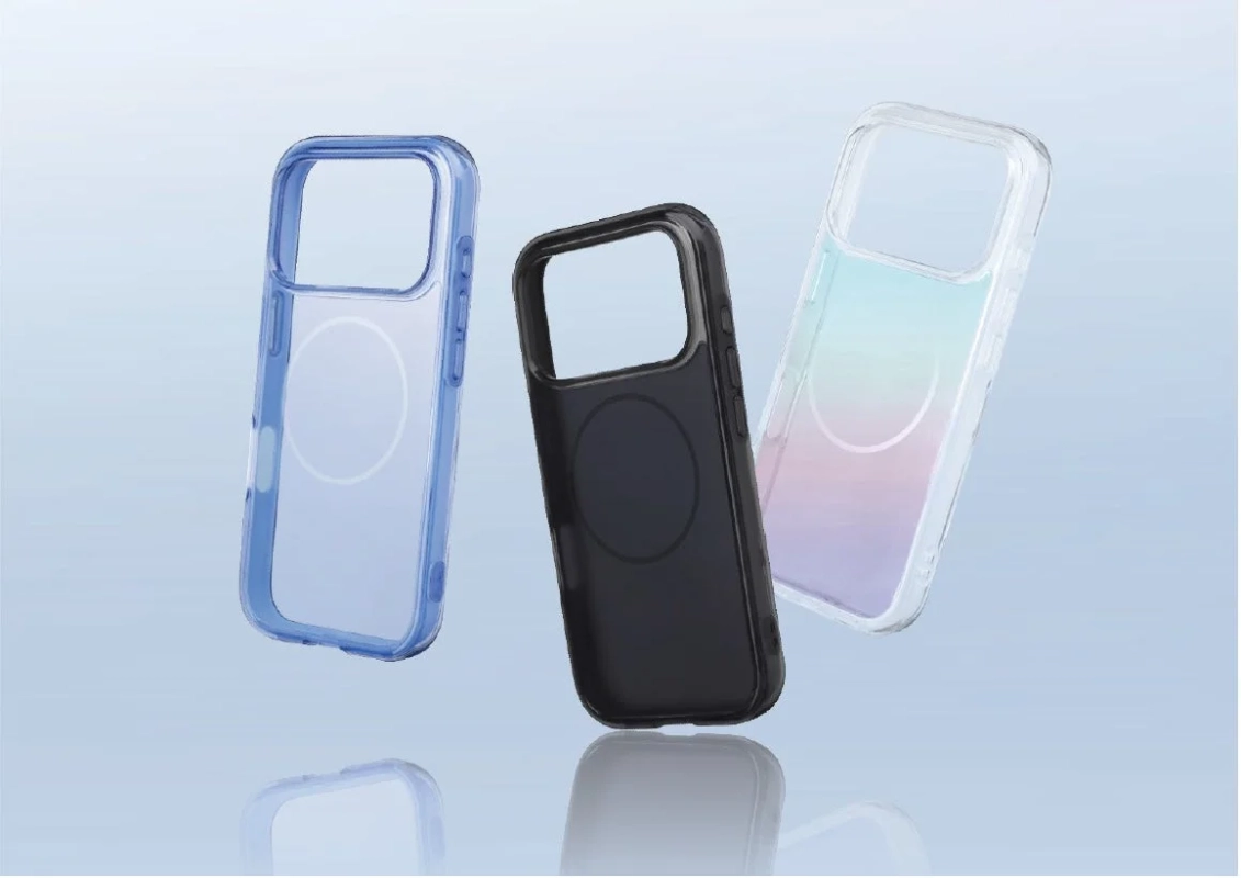 青、黒、グラデーションカラーのMagSafe対応透明スマートフォンケース