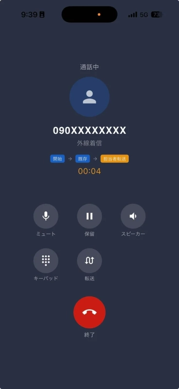 発信者情報が表示される通話画面