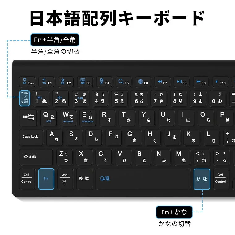 黒い日本語配列キーボードの画像です。半角/全角キーとかなキーの切り替え操作（Fnキーとの組み合わせ）が図示されており、日本語入力に特化した機能が強調されています。