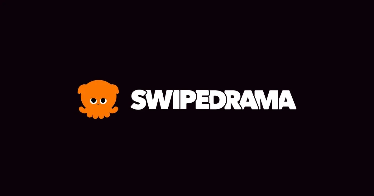 黒い背景にオレンジ色の可愛らしいキャラクターと「SWIPEDRAMA」という白いロゴが配置されています。シンプルでモダンなデザインです。