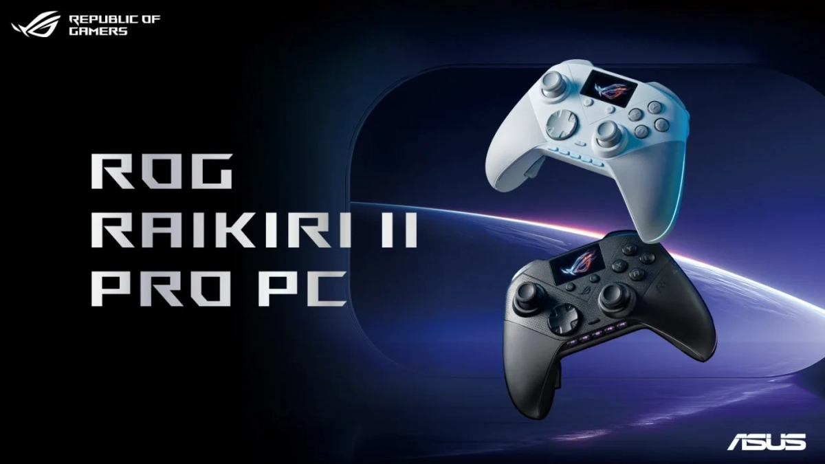 ROG Raikiri II Pro PCゲーミングコントローラーの白と黒のモデルが、未来的な背景に浮かび上がっています。